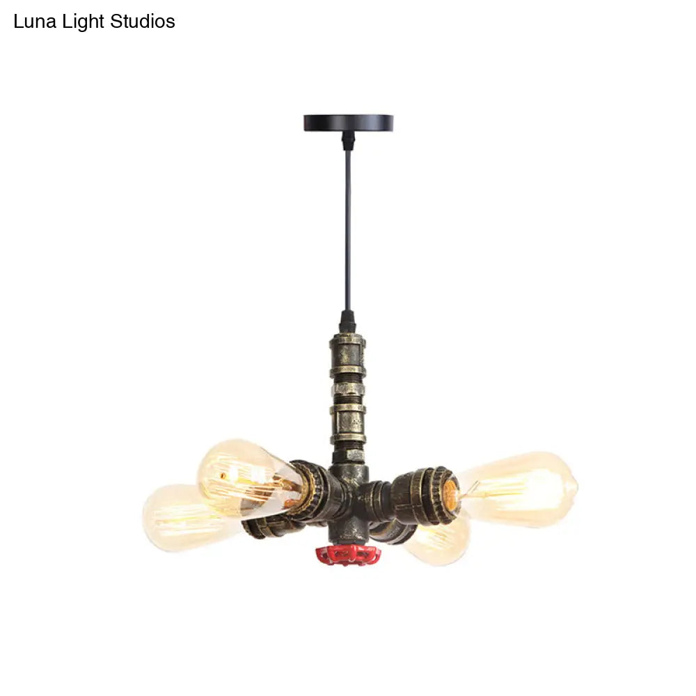 Rust Finish Water Pipe Chandelier - Industrial 4-Light Fixture With Edison Bulbs For Bar Cafe Shop