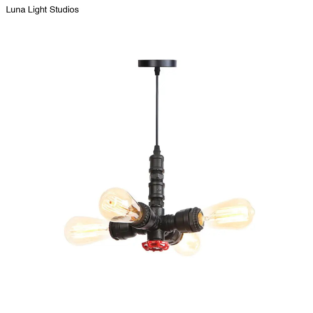 Rust Finish Water Pipe Chandelier Light Fixture - Industrial 4-Light Edison Bulb Hanging Lamp For