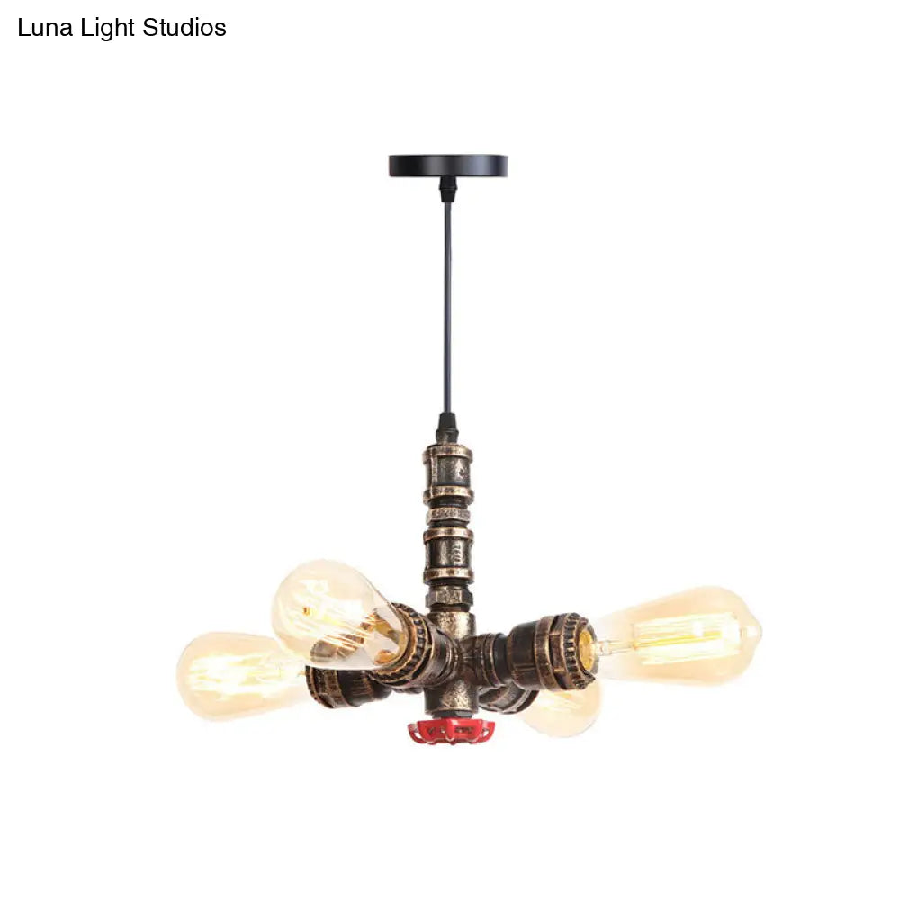 Rust Finish Water Pipe Chandelier Light Fixture - Industrial 4-Light Edison Bulb Hanging Lamp For