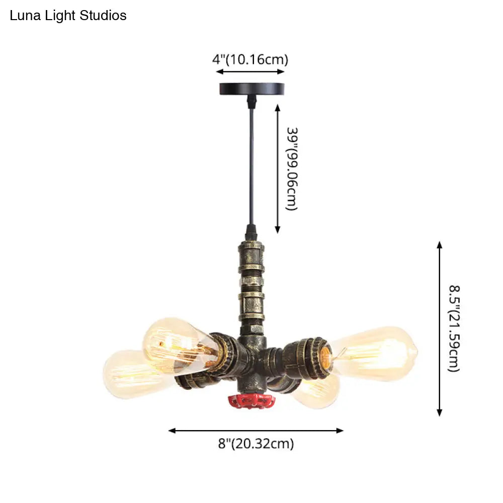 Rust Finish Water Pipe Chandelier - Industrial 4-Light Fixture With Edison Bulbs For Bar Cafe Shop