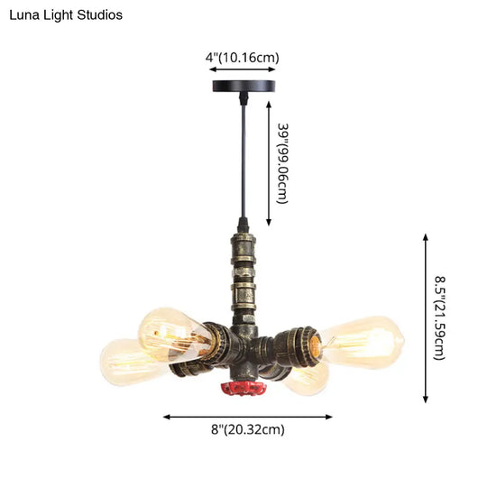 Rust Finish Water Pipe Chandelier - Industrial 4-Light Fixture With Edison Bulbs For Bar Cafe Shop