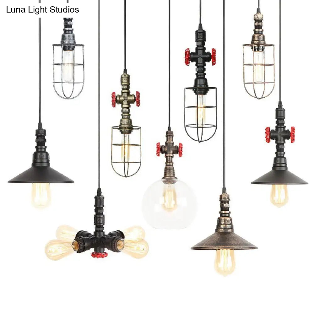 Rust Finish Water Pipe Chandelier Light Fixture - Industrial 4-Light Edison Bulb Hanging Lamp For