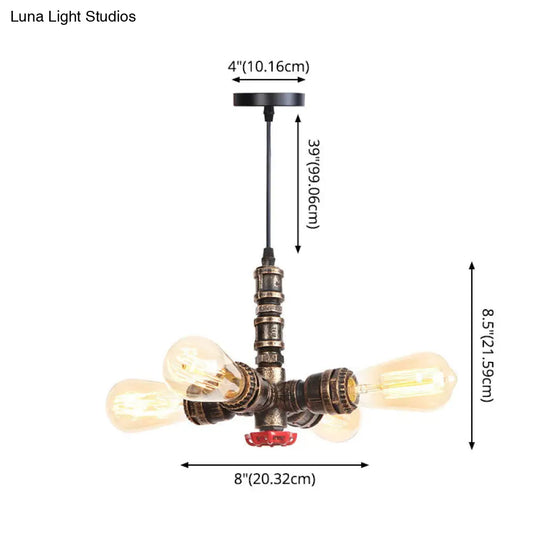 Rust Finish Water Pipe Chandelier Light Fixture - Industrial 4-Light Edison Bulb Hanging Lamp For