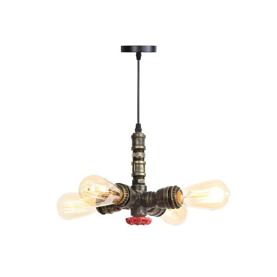 Rust Finish Water Pipe Chandelier - Industrial 4-Light Fixture With Edison Bulbs For Bar Cafe Shop