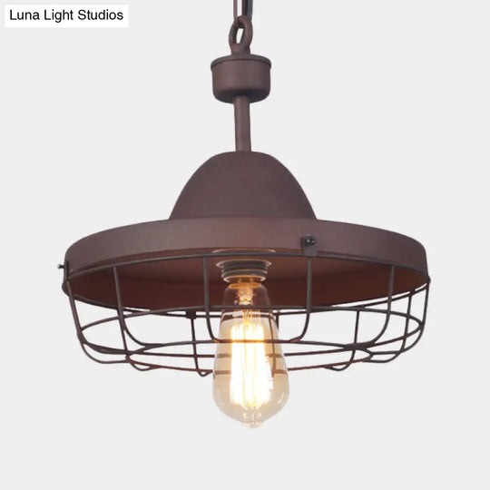 Rust Metal Cage Pendant Light With Barn Shade Suspension - Vintage 1-Light Lamp