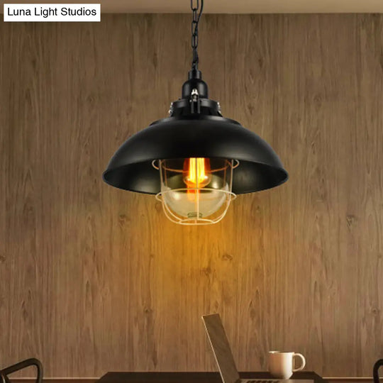 Rustic Metal Pendant Lighting With Wire Cage Clear Glass Shade - 1-Light Bistro Hanging Lamp 12/16