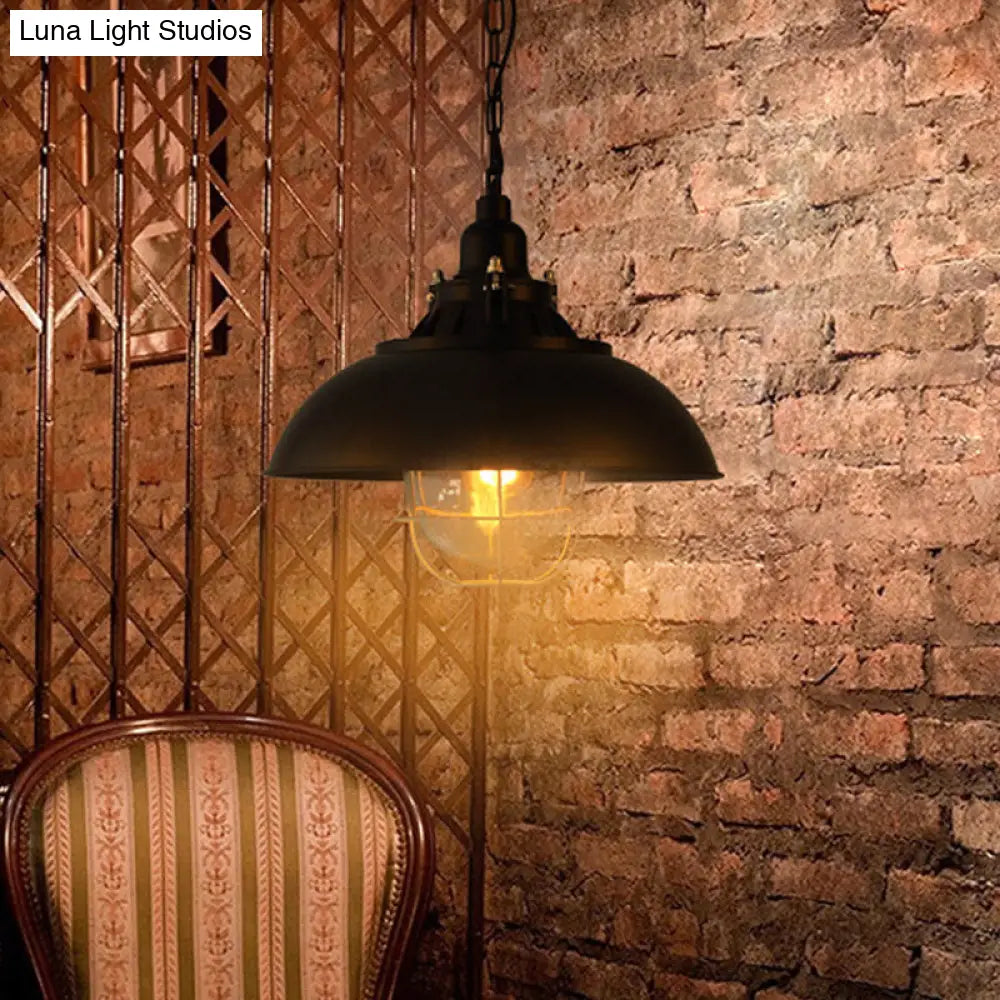 Rustic Metal Pendant Lighting With Wire Cage Clear Glass Shade - 1-Light Bistro Hanging Lamp 12/16