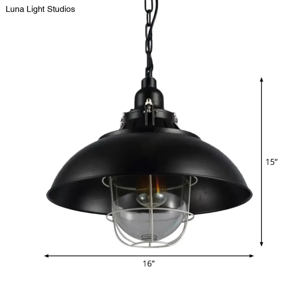 Rustic Metal Pendant Lighting With Wire Cage Clear Glass Shade - 1-Light Bistro Hanging Lamp 12/16