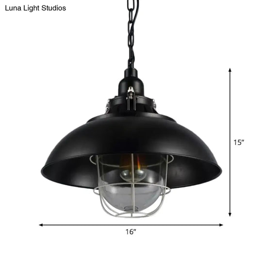 Rustic Metal Pendant Lighting With Wire Cage Clear Glass Shade - 1-Light Bistro Hanging Lamp 12/16
