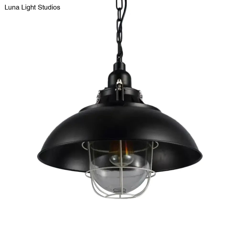 Rustic 1-Light Bistro Hanging Lamp - 12’/16’ Metal Pendant Lighting With Wire Cage And Clear