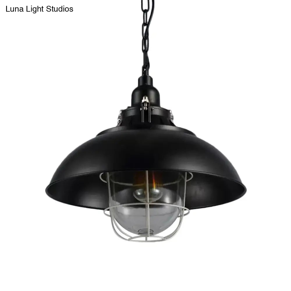 Rustic Metal Pendant Lighting With Wire Cage Clear Glass Shade - 1-Light Bistro Hanging Lamp 12/16