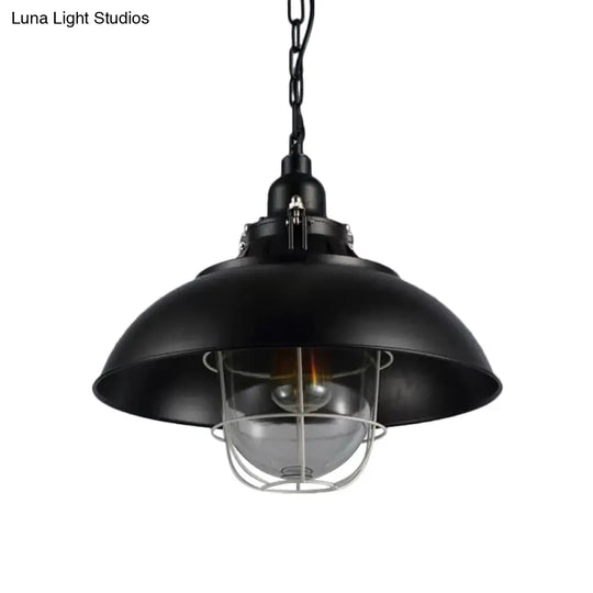 Rustic Metal Pendant Lighting With Wire Cage Clear Glass Shade - 1-Light Bistro Hanging Lamp 12/16