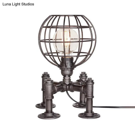 Rustic 1-Light Cage Table Lamp With Aged Silver/Bronze Finish - Farmhouse Style