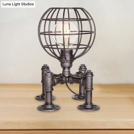 Rustic 1-Light Cage Table Lamp With Aged Silver/Bronze Finish - Farmhouse Style