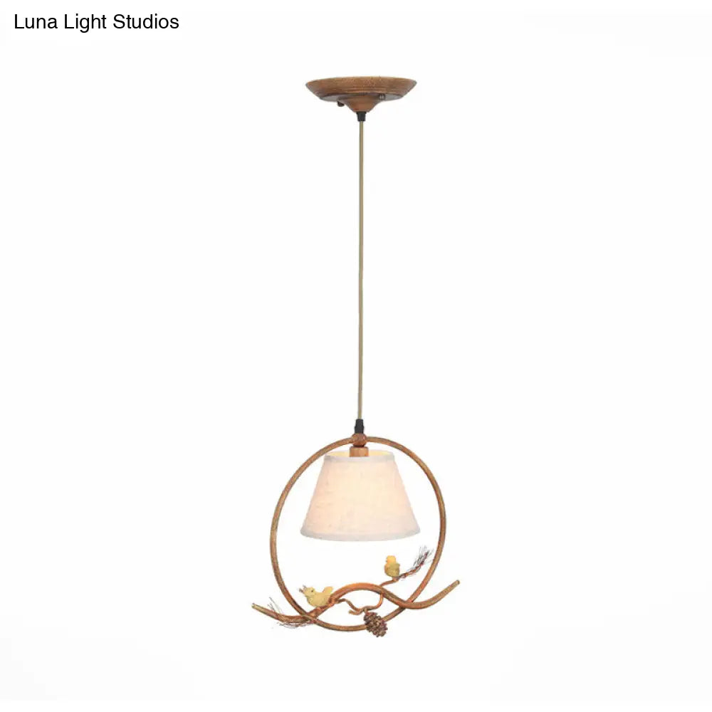 Rustic 1-Light Cone Pendant With Fabric Shade Metal Frame And Bird Decoration