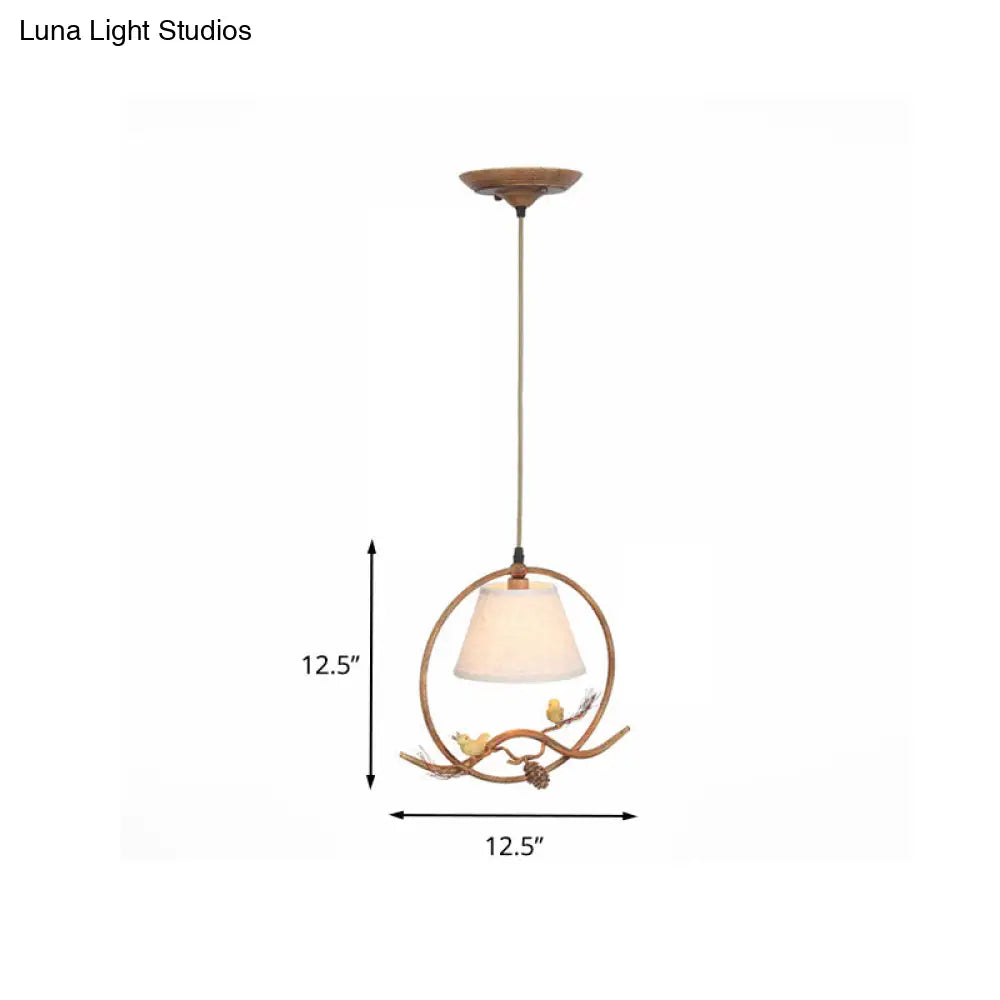 Rustic 1-Light Cone Pendant With Fabric Shade Metal Frame And Bird Decoration