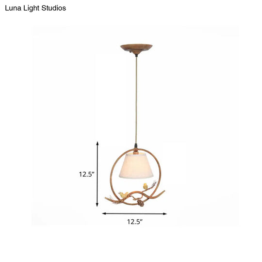 Rustic 1-Light Cone Pendant With Fabric Shade Metal Frame And Bird Decoration