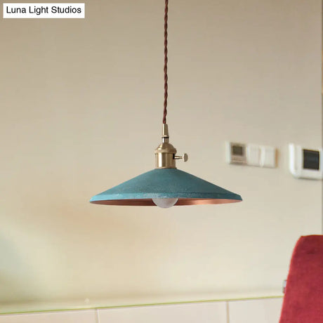 Rustic 1-Light Hanging Pendant Lamp In Blue/Red/Silver For Dining Room - Saucer Shade Iron Design