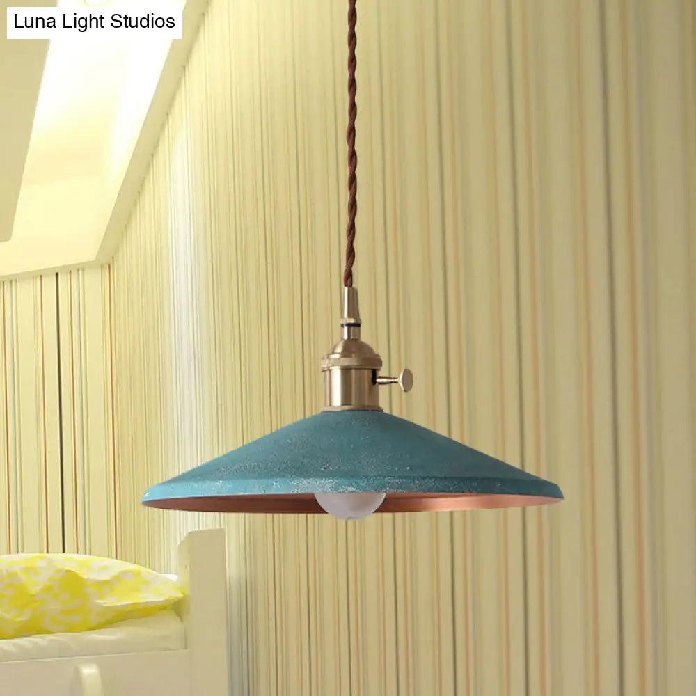 Rustic 1-Light Saucer Shade Hanging Pendant Lamp In Blue/Red/Silver For Dining Room With Stranded