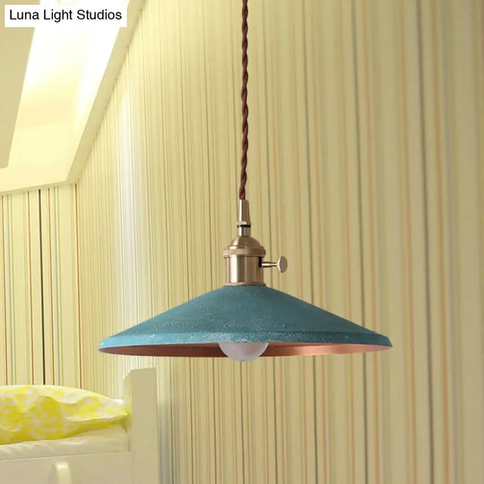 Rustic 1-Light Saucer Shade Hanging Pendant Lamp In Blue/Red/Silver For Dining Room With Stranded