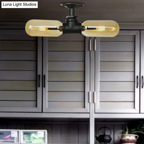 Rustic 2 - Bulb Amber Glass Semi Mount Ceiling Light In Matte Black - Dining Room Lighting With