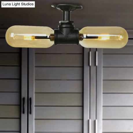 Rustic 2 - Bulb Amber Glass Semi Mount Ceiling Light In Matte Black - Dining Room Lighting With