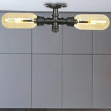 Rustic 2 - Bulb Amber Glass Semi Mount Ceiling Light In Matte Black - Dining Room Lighting With