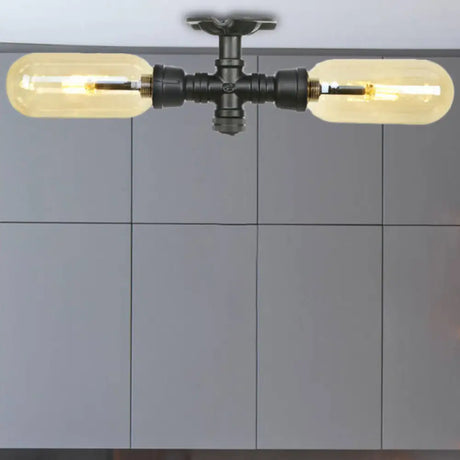 Rustic 2 - Bulb Amber Glass Semi Mount Ceiling Light In Matte Black - Dining Room Lighting With