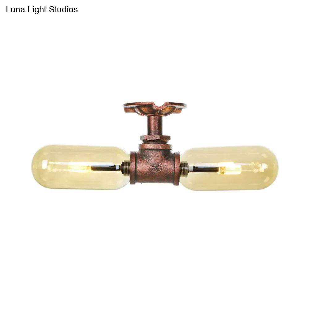 Rustic 2 - Bulb Kitchen Ceiling Light With Amber Glass Shade And Weathered Copper Pipe Design