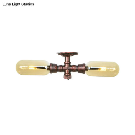 Rustic 2 - Bulb Kitchen Ceiling Light With Amber Glass Shade And Weathered Copper Pipe Design