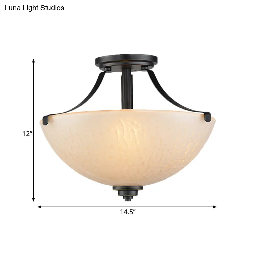 Rustic 2-Head Frosted Glass Ceiling Light For Kitchen - Rural Dome Semi-Flush Mount In Black