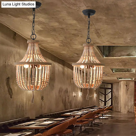 Rustic 2-Head Wood Pendant Chandelier: Handcrafted Beaded Basket Lamp For Restaurants