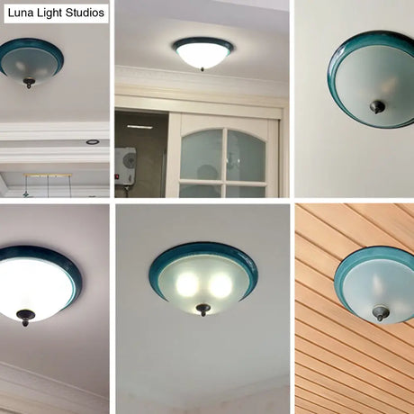 Rustic 3 - Light Bedroom Ceiling Lamp: Frosted White Glass Bowl Flush With Blue Accents