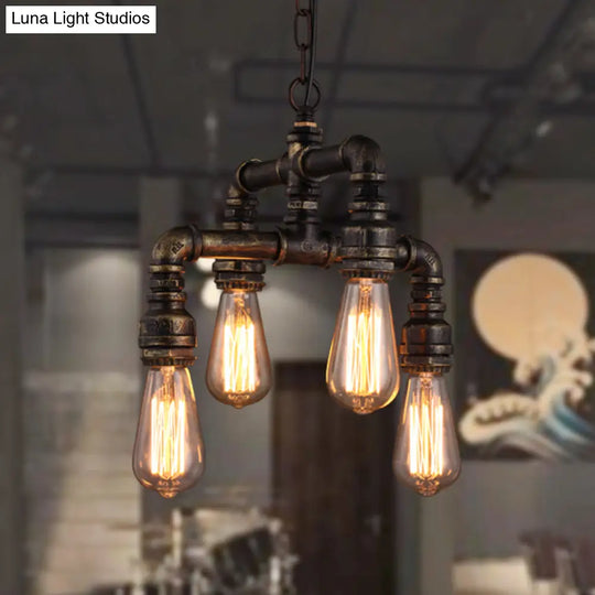 Rustic Industrial Chandelier With 4 Bulb Pendant Lights & Iron Pipes
