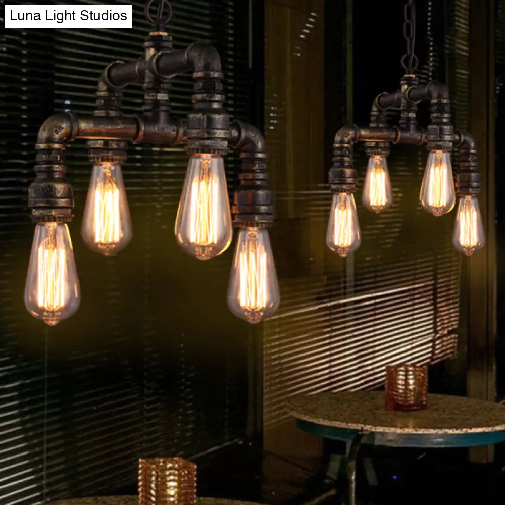 Rustic Industrial Chandelier With 4 Bulb Pendant Lights & Iron Pipes
