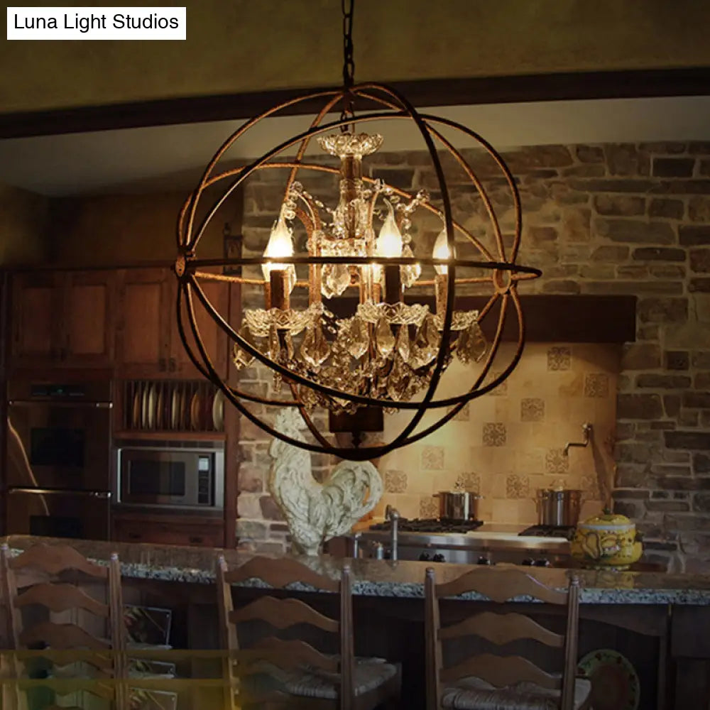 Rustic 4-Light Wrought Iron Chandelier Pendant With Crystal Deco For Restaurants