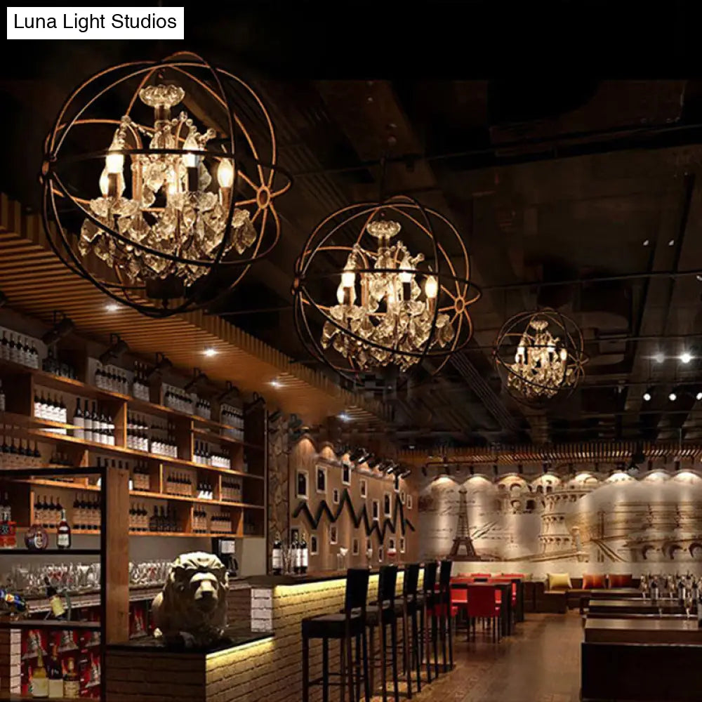 Rustic 4-Light Wrought Iron Chandelier Pendant With Crystal Deco For Restaurants