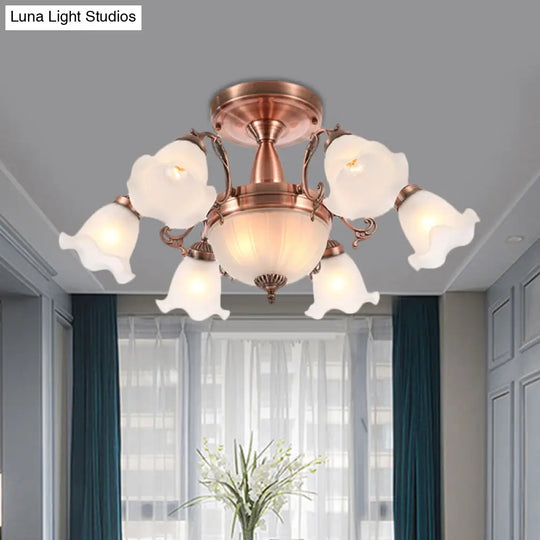 Rustic 8-Bulb Semi Mount Ceiling Lamp With Scroll Arm - Bronze/Brass/Copper Finish And Milky Glass