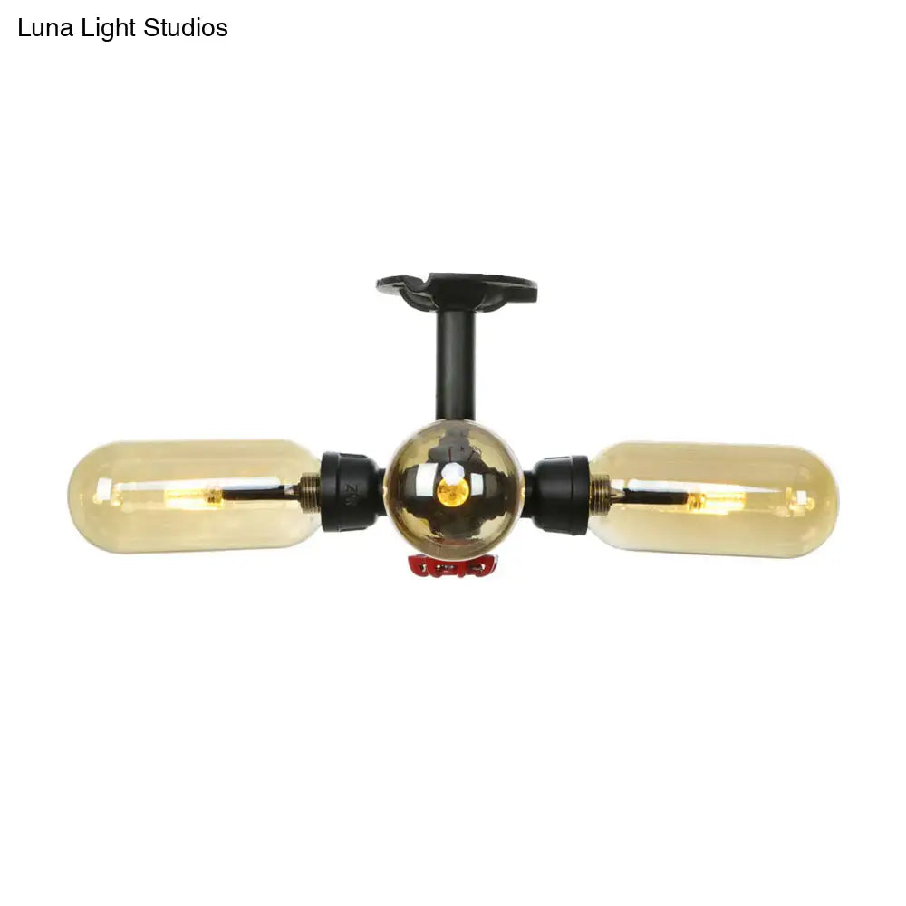 Rustic Amber Glass Ceiling Light With Semi - Flush Design - 4/5/6 Bulbs Matte Black Finish And Pipe