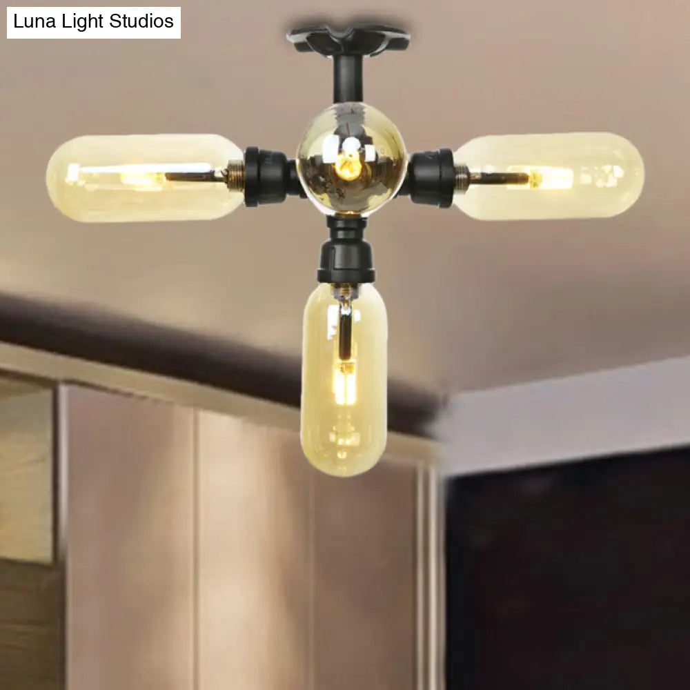Rustic Amber Glass Ceiling Light With Semi-Flush Design - 4/5/6 Bulbs Matte Black Finish And Pipe