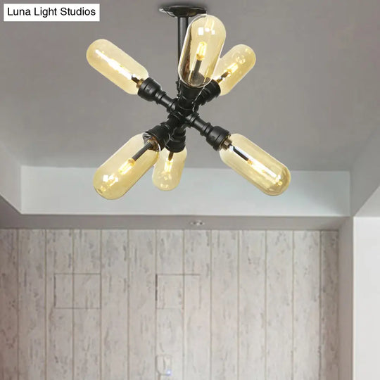 Rustic Amber Glass Ceiling Light With Semi - Flush Design - 4/5/6 Bulbs Matte Black Finish And Pipe