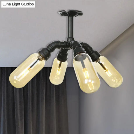 Rustic Amber Glass Ceiling Light With Semi - Flush Design - 4/5/6 Bulbs Matte Black Finish And Pipe