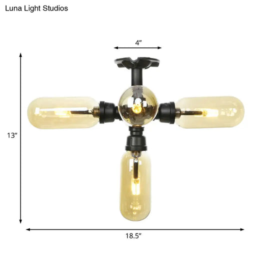 Rustic Amber Glass Ceiling Light With Semi-Flush Design - 4/5/6 Bulbs Matte Black Finish And Pipe