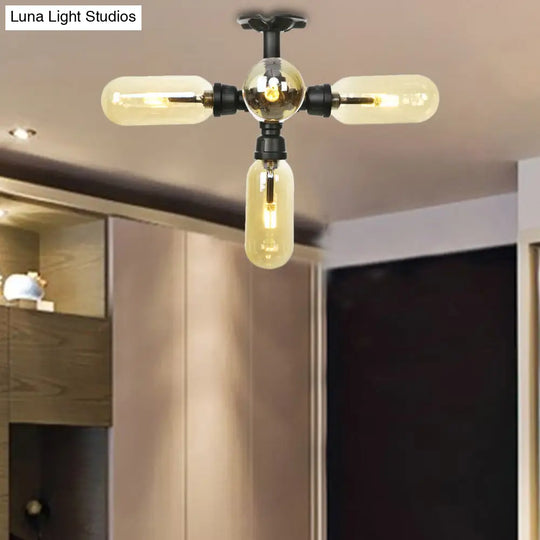 Rustic Amber Glass Ceiling Light With Semi-Flush Design - 4/5/6 Bulbs Matte Black Finish And Pipe
