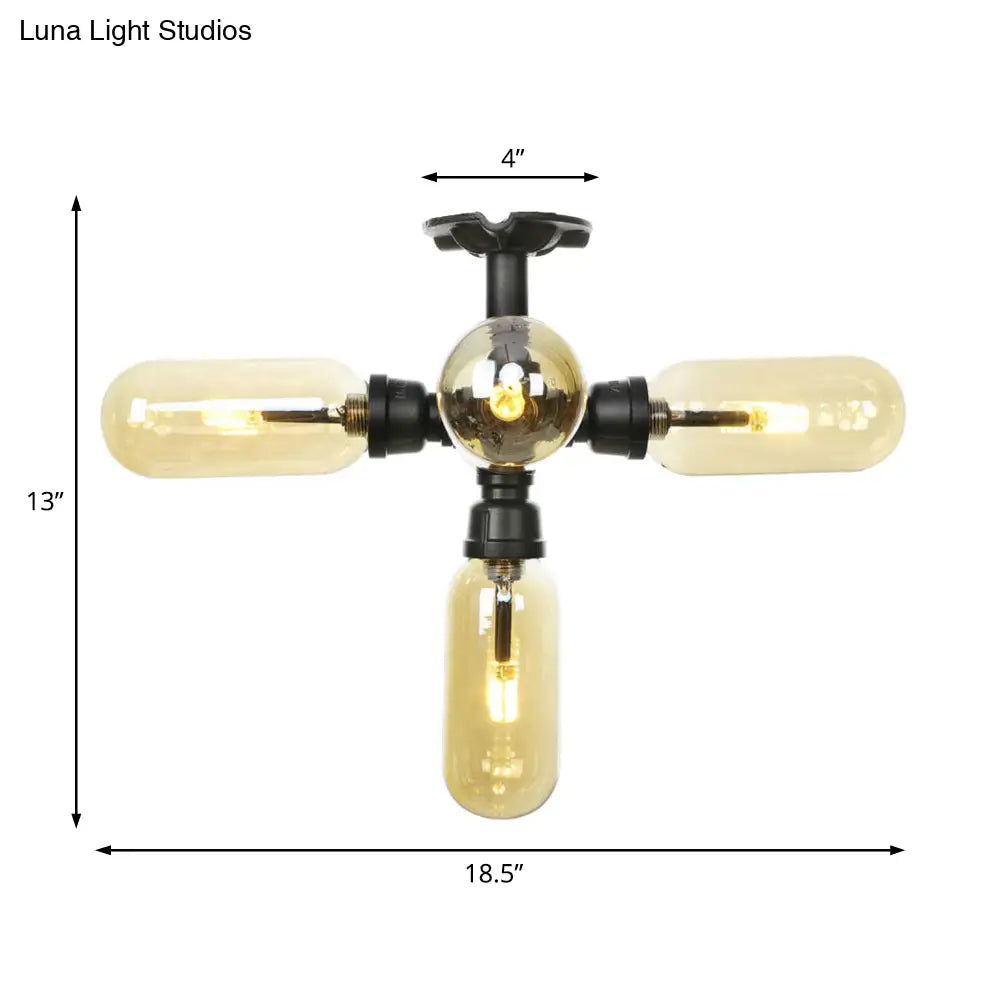 Rustic Amber Glass Ceiling Light With Semi - Flush Design - 4/5/6 Bulbs Matte Black Finish And Pipe