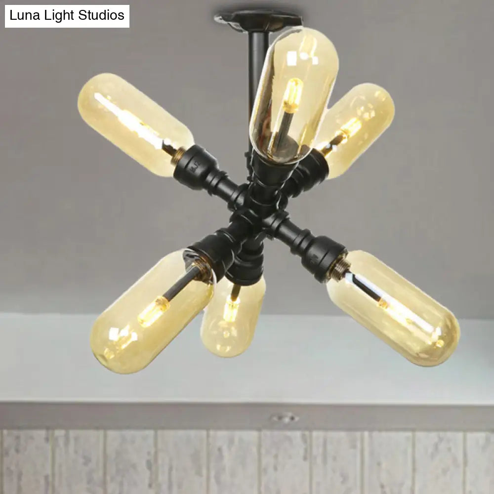 Rustic Amber Glass Ceiling Light With Semi-Flush Design - 4/5/6 Bulbs Matte Black Finish And Pipe