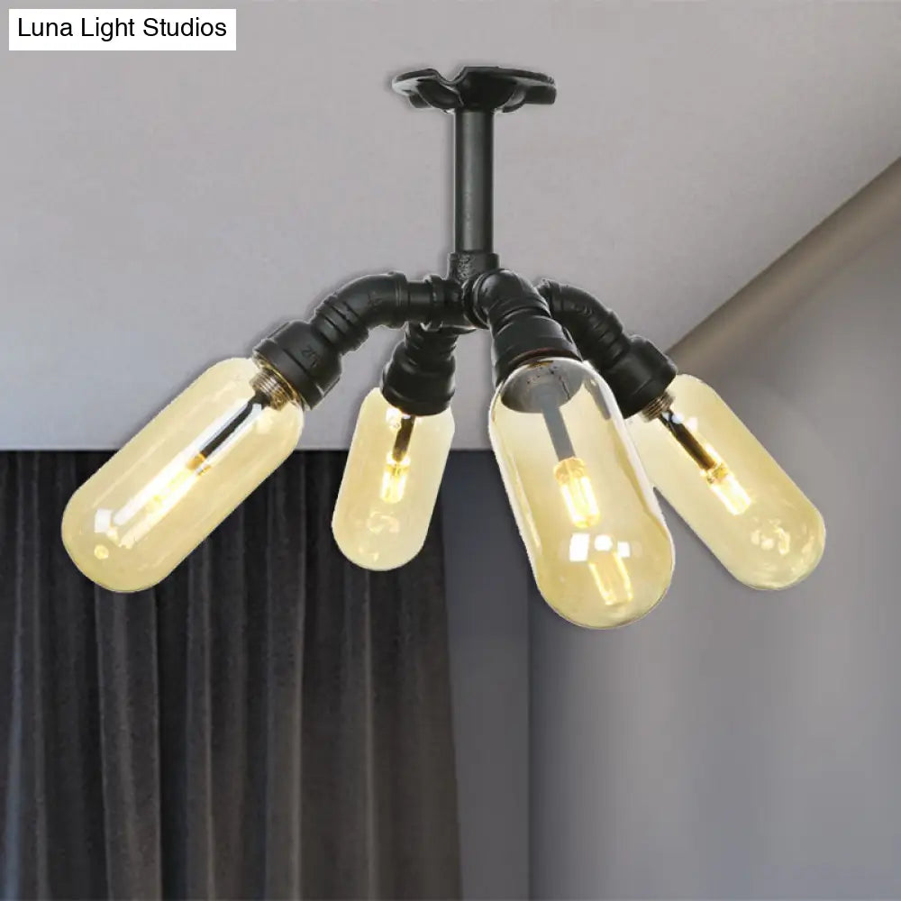 Rustic Amber Glass Ceiling Light With Semi - Flush Design - 4/5/6 Bulbs Matte Black Finish And Pipe
