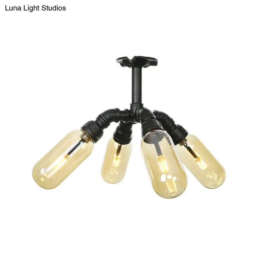 Rustic Amber Glass Ceiling Light With Semi - Flush Design - 4/5/6 Bulbs Matte Black Finish And Pipe