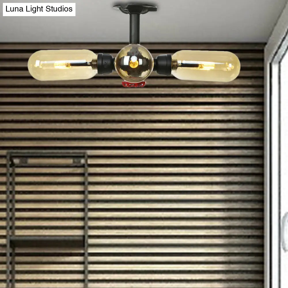 Rustic Amber Glass Ceiling Light With Semi - Flush Design - 4/5/6 Bulbs Matte Black Finish And Pipe