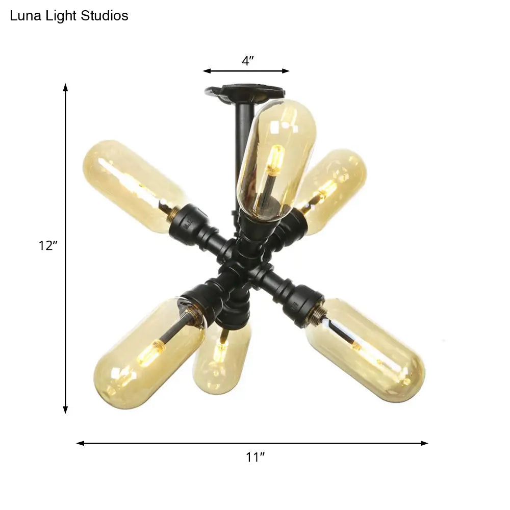 Rustic Amber Glass Ceiling Light With Semi-Flush Design - 4/5/6 Bulbs Matte Black Finish And Pipe